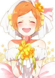 Rule 34 | 10s, 1girl, ^ ^, bad id, bad pixiv id, bare shoulders, blush, closed eyes, dress, earrings, closed eyes, flower, gloves, happy, highres, hoshizora rin, jewelry, love live!, love live! school idol festival, love live! school idol project, love wing bell, mgmgkyun, open mouth, orange hair, short hair, smile, solo, veil, white background, white dress, white gloves