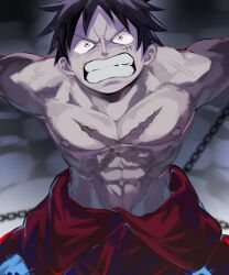 Rule 34 | 1boy, abs, angry, black eyes, black hair, chain, cowboy shot, facial scar, highres, looking up, male focus, monkey d. luffy, mrjieshisu, muscular, muscular male, nipples, one piece, restrained, scar, scar on cheek, scar on chest, scar on face, short hair, solo, topless male, v-shaped eyebrows