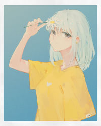Rule 34 | 1girl, absurdres, arm up, blue background, breasts, daisy, earrings, flower, flower earrings, grey background, grey eyes, hair between eyes, heart, highres, holding, holding flower, jewelry, kisei2, long hair, looking at viewer, original, shirt, short sleeves, silver hair, small breasts, solo, two-tone background, upper body, white flower, wide sleeves, yellow flower, yellow shirt