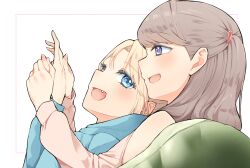 2girls :d absurdres bare_shoulders blonde_hair blue_eyes blue_hoodie brown_hair brown_shirt clothing_cutout commentary_request drawstring fang fujishima_megumi fujishima_megumi_(winter_loungewear) hair_ornament hairclip hand_grab highres hood hood_down hoodie link!_like!_love_live! long_hair long_sleeves love_live! mendo_(mend0o0_) multiple_girls open_mouth osawa_rurino osawa_rurino_(winter_loungewear) profile purple_eyes shirt shoulder_cutout sideways_mouth simple_background smile two_side_up virtual_youtuber white_background yuri