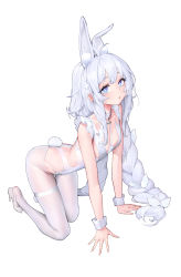 Rule 34 | 1girl, absurdres, ahoge, all fours, animal ear fluff, animal ears, azur lane, blue eyes, blue hair, bow, braid, breasts, charles (106858), choker, frills, full body, hair bow, highres, le malin (azur lane), le malin (listless lapin) (azur lane), leotard, long hair, looking at viewer, official alternate costume, pantyhose, parted lips, ponytail, rabbit ears, rabbit tail, shoes, sideboob, sidelocks, sleeveless, solo, tail, white background, white leotard, white pantyhose, wrist cuffs