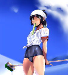Rule 34 | 1girl, bandana, black hair, blush, broom, brown eyes, ez6, gym uniform, mouth hold, no pants, one-piece swimsuit, original, school swimsuit, shirt, short hair, solo, swimsuit, swimsuit under clothes, tied shirt, tupet, wet, wet clothes, wet shirt