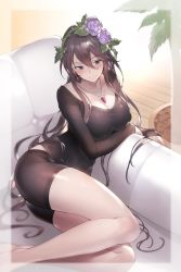 Rule 34 | 1girl, absurdres, arm support, ass, bare legs, barefoot, bike shorts, black shirt, blush, border, breasts, brown hair, casual, cleavage, closed mouth, collarbone, couch, eel, flower, gem, granblue fantasy, hair between eyes, hair flower, hair ornament, highres, jewelry, kakage, large breasts, lead, long hair, long sleeves, lying, necklace, on couch, on side, pendant, plant, potted plant, purple eyes, purple flower, purple rose, rose, rosetta (granblue fantasy), shirt, smile, solo, thighs, thorns, tsurime, very long hair, wooden floor