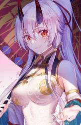 Rule 34 | 1girl, bare shoulders, breasts, closed mouth, dress, fate/grand order, fate (series), fingernails, gogatsu fukuin, hair between eyes, hair ribbon, heroic spirit traveling outfit, high ponytail, highres, holding, holding umbrella, horns, long hair, looking at viewer, medium breasts, oil-paper umbrella, oni, oni horns, ponytail, red eyes, red ribbon, red umbrella, ribbon, signature, silver hair, sleeveless, sleeveless dress, smile, solo, tomoe gozen (fate), tomoe gozen (traveling outfit) (fate), umbrella, upper body, very long hair, white dress
