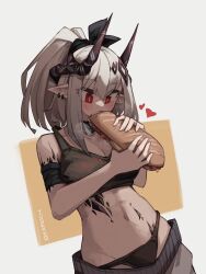 Rule 34 | 1girl, absurdres, arknights, artist name, bare shoulders, bikini, black bikini, blush, breasts, bright pupils, brown background, cleavage, collar, earrings, eating, food, grey hair, heart, highres, holding, holding food, horns, infection monitor (arknights), jewelry, large breasts, long hair, material growth, mudrock (arknights), navel, oripathy lesion (arknights), pointy ears, ponytail, red eyes, solo, stomach, swimsuit, togekk0, two-tone background, white background