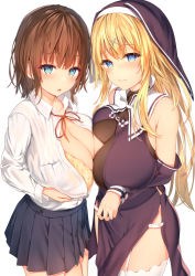 Rule 34 | 2girls, asymmetrical docking, bare shoulders, blonde hair, blue eyes, blue skirt, blush, bodystocking, bra, breast lift, breast pocket, breast press, breasts, brown hair, closed mouth, clothing cutout, commentary request, cowboy shot, cross hair ornament, dress, garter straps, habit, hair ornament, huge breasts, long hair, long sleeves, looking at viewer, medium hair, multiple girls, neck ribbon, nun, open clothes, open mouth, open shirt, original, pelvic curtain, pleated skirt, pocket, purple dress, red ribbon, ribbon, school uniform, shirt tucked in, shoulder cutout, simple background, skirt, standing, sune (mugendai), thighhighs, underwear, white background, white legwear, yellow bra