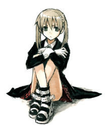 Rule 34 | 00s, 1girl, boots, crossed arms, crossed legs, empty eyes, frown, full body, gloves, green eyes, hair between eyes, hugging own legs, jacket, konoe ototsugu, looking at viewer, maka albarn, miniskirt, plaid, plaid skirt, shadow, silver hair, simple background, sitting, sketch, skirt, solo, soul eater, strap, striped, twintails, white background, wrist cuffs