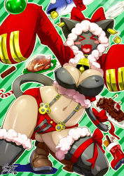 Rule 34 | &gt;:o, 1girl, :o, arc system works, bell, blazblue, blush stickers, boots, bow, breasts, cat tail, christmas, christmas stocking, cleavage, covered erect nipples, earrings, fish, food, hair bow, hood, hoodie, jewelry, konakona, large breasts, navel, open mouth, ribbon, santa costume, solo, christmas stocking, suspenders, tail, tan, taokaka, thighhighs, v-shaped eyebrows