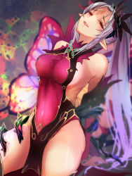 Rule 34 | 1girl, absurdres, breasts, dress, fairy wings, fire emblem, fire emblem heroes, grey hair, highres, long hair, nintendo, oka (umanihiki), open mouth, plumeria (fire emblem), pointy ears, ponytail, red eyes, skindentation, solo, thorns, wings