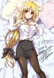 Rule 34 | 1girl, :o, artist name, bed sheet, black bow, black pantyhose, black shirt, black skirt, blonde hair, blush, bow, commentary request, commission, dated, dress shirt, fate testarossa, from above, hair bow, hand on own chest, kuroi mimei, long hair, long sleeves, looking at viewer, low-tied long hair, lying, lyrical nanoha, mahou shoujo lyrical nanoha strikers, military, military uniform, miniskirt, neck ribbon, on back, on bed, pantyhose, parted lips, pencil skirt, pillow, red eyes, ribbon, shirt, side slit, signature, skeb commission, skirt, solo, tsab executive military uniform, uniform, white shirt, wing collar, yellow ribbon