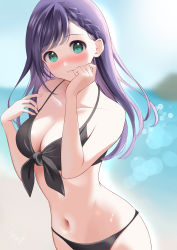 Rule 34 | 1girl, absurdres, aqua eyes, beach, bikini, black bikini, blurry, blurry background, blush, braid, breasts, cleavage, clenched hand, closed mouth, commentary request, day, hand to own mouth, highres, long hair, looking at viewer, materu (2532), medium breasts, navel, ocean, original, outdoors, purple hair, solo, standing, summer, swimsuit, upper body