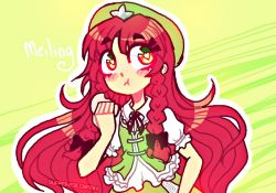 Rule 34 | 1girl, beret, braid, character name, eating, food, green background, green eyes, green hat, hat, heart, heart-shaped pupils, holding, holding food, hong meiling, long hair, multicolored eyes, puffy short sleeves, puffy sleeves, red eyes, red hair, short sleeves, simple background, solo, symbol-shaped pupils, thepiratedoge, touhou, twin braids, yellow eyes