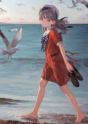Rule 34 | 1girl, barefoot, beach, bird, black footwear, blue ribbon, cat girl, closed mouth, commentary, dress, fkey, hat, highres, looking at viewer, ocean, original, polka dot, polka dot ribbon, red dress, ribbon, sailor hat, seagull, solo