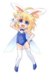 Rule 34 | 1girl, :d, ahoge, animal ears, blonde hair, blue eyes, fairy wings, fake animal ears, fang, hair bobbles, hair ornament, hand on own hip, kso, leotard, looking at viewer, meyuu (kso), one side up, open mouth, original, playboy bunny, pointy ears, short hair, short sidetail, side ponytail, simple background, smile, solo, thighhighs, v, white background, white thighhighs, wings, wrist cuffs