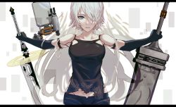 Rule 34 | 1girl, bare shoulders, black gloves, broadsword, csyday, dual wielding, elbow gloves, eyes visible through hair, gloves, greatsword, hair over one eye, holding, joints, katana, mole, mole under mouth, nier:automata, nier (series), pod (nier:automata), robot joints, short hair, silver hair, solo, sword, weapon, a2 (nier:automata)