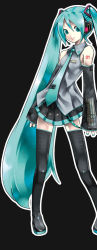 Rule 34 | 1girl, aqua hair, aqua nails, aqua necktie, arms at sides, black background, blouse, boots, collared shirt, detached sleeves, full body, grey shirt, hair between eyes, hatsune miku, headset, kei (keigarou), long hair, long image, nail polish, necktie, number tattoo, outline, shirt, shoulder tattoo, sleeveless, sleeveless shirt, solo, standing, tall image, tattoo, thigh boots, thighhighs, twintails, very long hair, vocaloid