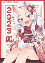 Rule 34 | 1girl, 2023, :d, absurdres, animal, animal on head, animal on lap, bare legs, blush, border, braid, chinese zodiac, commentary request, demon girl, egasumi, eyeliner, fang, fangs, floral print, flower, forehead, grey hair, hair flower, hair ornament, happy new year, head tilt, highres, horns, japanese clothes, kanzashi, kimono, knees, long hair, looking at viewer, low twintails, makeup, nail polish, new year, on head, on lap, oni, oni horns, open mouth, original, outside border, pointy ears, rabbit, rabbit on head, red border, red eyes, red nails, red scarf, rokita, scarf, short kimono, side braid, sidelocks, single braid, sitting, skin fang, smile, solo, swept bangs, tsumami kanzashi, twintails, white hair, wide sleeves, year of the rabbit