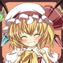 Rule 34 | 1girl, ^ ^, bad id, bad pixiv id, blonde hair, blush, bow, closed eyes, closed eyes, finger to cheek, flandre scarlet, grin, hat, hat bow, hikobae, pointing, pointing at self, side ponytail, smile, solo, teeth, touhou, wings