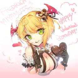 Rule 34 | 10s, 1girl, :q, ahoge, arm garter, black gloves, blonde hair, blue n, breasts, brown ribbon, character name, cleavage, clenched teeth, collar, english text, eyebrows, frilled collar, frilled shirt collar, frills, glint, gloves, green eyes, hair ornament, happy valentine, head tilt, head wings, heart, heart hair ornament, idolmaster, idolmaster cinderella girls, idolmaster cinderella girls starlight stage, index finger raised, large breasts, looking at viewer, maid headdress, miyamoto frederica, pink background, ribbon, short hair, simple background, solo, tareme, teeth, tongue, tongue out, upper body, valentine, wings