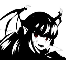 Rule 34 | 1girl, commentary, english commentary, greyscale, head wings, highres, inktober, long hair, looking at viewer, monochrome, open mouth, original, portrait, reddgeist, simple background, slit pupils, solo, spot color, vampire, white background, wings