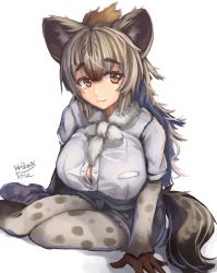 Rule 34 | 10s, 1girl, :3, animal ears, animal print, bow, bowtie, breasts, brown eyes, brown hair, bursting breasts, buttons, cleavage, closed mouth, commentary request, fur collar, fur trim, gloves, hibax-fre, highres, hyena ears, hyena tail, kemono friends, large breasts, looking at viewer, pantyhose, pantyhose under shorts, partially unbuttoned, pocket, seiza, shirt, shorts, signature, simple background, sitting, smile, solo, spots, spotted hyena (kemono friends), tail, white background