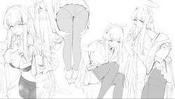 Rule 34 | 1girl, ass, blue archive, blush, boots, breasts, cleavage, clothes pull, djheycha, formal, greyscale, halo, headphones, high heel boots, high heels, jacket, large breasts, long hair, long sleeves, looking at viewer, miniskirt, monochrome, multiple views, navel, necktie, noa (blue archive), open clothes, open jacket, panties, panties under pantyhose, pantyhose, pantyhose pull, pleated skirt, sidelocks, simple background, sketch, skirt, smile, solo, suit, thighband pantyhose, underwear, very long hair, white background