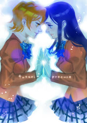 Rule 34 | 00s, 2girls, bad id, bad pixiv id, blazer, blue bow, blue eyes, blue hair, bow, eye contact, face-to-face, forehead-to-forehead, from side, futari wa precure, glowing, glowing hand, heads together, holding hands, jacket, juliet sleeves, long hair, long sleeves, looking at another, misumi nagisa, multiple girls, orange hair, parted bangs, pleated skirt, precure, profile, puffy sleeves, school uniform, shimazaki mari, short hair, simple background, skirt, smile, yukishiro honoka