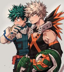 Rule 34 | 2boys, adjusting clothes, adjusting gloves, alternate eye color, aqua bodysuit, arm at side, bakugou katsuki, bare shoulders, belt, belt pouch, biceps, black pants, black tank top, blonde hair, blue gloves, boku no hero academia, chiyaya, detached sleeves, explosive, eye mask, freckles, from side, gloves, green eyes, green gloves, green hair, grenade, grey background, hand to own mouth, hand up, headgear, highres, looking away, male focus, mask, mask around neck, midoriya izuku, mouth hold, multiple boys, orange eyes, orange gloves, pants, parted lips, pectoral cleavage, pectorals, pouch, profile, red belt, sanpaku, scar, serious, short hair, side-by-side, sideways mouth, simple background, sleeveless, spiked hair, spoilers, tank top, teeth hold, toned, toned male, two-tone gloves, upper body, v-shaped eyebrows, white gloves, x