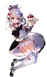 Rule 34 | 1girl, blue eyes, breasts, cake, cat, crab d, food, garter belt, garter straps, light bulb, maid, mary janes, miu (qurare), panties, plate, qurare magic library, shoes, short hair, silver hair, simple background, solo, thighhighs, underwear, white panties