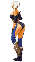 Rule 34 | 1girl, angel (kof), ass, back, blue eyes, boots, breasts, chaps, cowboy boots, fingerless gloves, gloves, hair over one eye, highres, jacket, large breasts, leather, leather jacket, nona, off shoulder, official art, short hair, snk, solo, tattoo, the king of fighters, the king of fighters 2002, thighhighs, white hair
