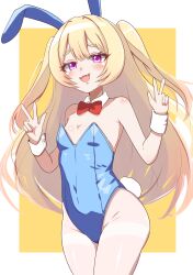Rule 34 | 1girl, :3, absurdres, animal ears, azur lane, bache (azur lane), bare shoulders, blonde hair, blue leotard, border, bow, bowtie, breasts, covered navel, cowboy shot, detached collar, double v, fang, highres, igarashi gozo, leotard, long hair, looking at viewer, pantyhose, playboy bunny, purple eyes, rabbit ears, rabbit tail, red bow, red bowtie, small breasts, smile, solo, strapless, strapless leotard, tail, thighband pantyhose, two-tone background, two side up, v, white border, white pantyhose, wrist cuffs, yellow background
