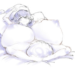 Rule 34 | 1girl, 2b-ge, bed, breasts, doremy sweet, gigantic breasts, large areolae, legs apart, lying, nipples, nude, sketch, smile, solo, tagme, touhou