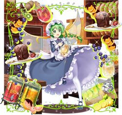 1girl alternate_costume alternate_hairstyle apron blue_dress blue_shoes blueberry blush bow braid brick_oven cake chocolate cooking_pot cup daiyousei daiyousei_(casual_fairy_maid) dress drinking_glass enmaided fairy_wings fondant_au_chocolat food fork frilled_dress frills fruit fruit_juice full_body game_cg green_eyes green_hair hair_bow hair_ribbon hat highres holding_pitcher juice kitchen kiwi_(fruit) kiwi_slice legs lemon lemon_slice lime_(fruit) lime_slice long_hair maid maid_apron mary_janes mob_cap neck_ribbon official_art open_mouth orange_(fruit) orange_juice oven pantyhose plate red_ribbon ribbon rotte_(1109) shoes single_braid solo standing standing_on_one_leg strawberry table thighs third-party_source touhou touhou_lostword transparent_background transparent_wings white_apron white_pantyhose wind wind_lift wings yellow_bow yellow_ribbon