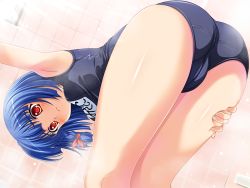 Rule 34 | 1girl, ass, blue hair, blush, game cg, one-piece swimsuit, red eyes, short hair, solo, swimsuit