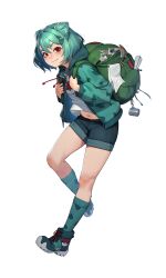 Rule 34 | 1girl, backpack, bag, beeeeen, bulbasaur, commentary, cone hair bun, creatures (company), drawstring, english commentary, fang, full body, game freak, gen 1 pokemon, green hair, green jacket, green shorts, green socks, hair bun, highres, holding strap, hood, hood down, hooded jacket, jacket, midriff, navel, nintendo, open clothes, open jacket, personification, poke ball print, pokemon, red eyes, seed, shirt, shoes, short hair, shorts, shovel, simple background, smile, sneakers, socks, solo, thick eyebrows, white background, white shirt