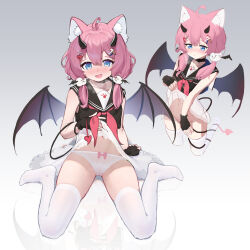 Rule 34 | 1girl, absurdres, ahoge, animal ear fluff, animal ears, arm support, bat wings, black gloves, black serafuku, blue eyes, blush, bow, bow panties, cat ears, clothes lift, crop top, demon horns, demon tail, demon wings, fingerless gloves, gloves, gradient background, hair ornament, hairpin, highres, horns, indie virtual youtuber, kneeling, lace, lace-trimmed skirt, lace trim, large ears, lifting own clothes, medium hair, midriff, multiple hairpins, multiple views, neckerchief, on floor, panties, pantyhose, paw print, pink bow, pink hair, red neckerchief, reflection, reflective floor, sailor collar, sakurada hane, school uniform, see-through, see-through skirt, serafuku, shirt, simple background, skirt, skirt lift, sleeveless, sleeveless shirt, solo, tail, thighs, twintails, underwear, virtual youtuber, white panties, white pantyhose, white skirt, wings, xintianou