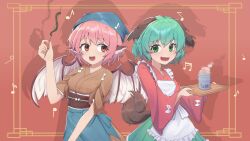 Rule 34 | 2girls, animal ears, beamed eighth notes, beamed sixteenth notes, bird ears, bird wings, blue headwear, brown kimono, cup, dog ears, dog tail, earrings, eighth note, fang, frilled skirt, frills, green eyes, green hair, green skirt, green tea, half note, head scarf, highres, holding, holding tray, japanese clothes, jewelry, kasodani kyouko, kimono, laska (572124034), long sleeves, multiple girls, musical note, musical note print, mystia lorelei, okamisty, open mouth, pink hair, pink kimono, pleated skirt, quarter note, red eyes, short hair, single earring, sixteenth note, skin fang, skirt, tail, tea, teeth, touhou, touhou mystia&#039;s izakaya, tray, upper body, upper teeth only, white wings, wide sleeves, wings