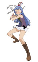 Rule 34 | 00s, 1girl, angry, blue hair, blunt bangs, boots, constricted pupils, cross-laced footwear, frog, highres, kannagi, knee boots, lace-up boots, miharu (cgsky), nagi, pleated skirt, skirt, solo, wand, white skirt