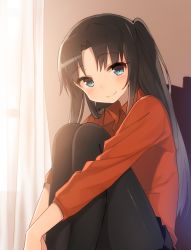 Rule 34 | 1girl, bad id, bad pixiv id, black hair, black pantyhose, blue eyes, blush, fate/stay night, fate (series), gradient background, head tilt, highres, hugging own legs, long hair, looking at viewer, pantyhose, shnva, sitting, smile, solo, tohsaka rin