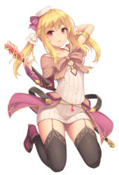 Rule 34 | 1girl, arm behind head, arm up, black thighhighs, blonde hair, boots, bow, bracelet, breasts, capelet, collarbone, dress, full body, garter straps, hair ornament, hat, holding, holding wand, jewelry, legs up, long hair, looking at viewer, medium breasts, mini hat, original, red eyes, sasaame, sidelocks, simple background, solo, striped clothes, striped dress, thighhighs, twintails, vertical-striped clothes, vertical-striped dress, wand, white background