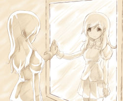 Rule 34 | 10s, 1girl, alternate universe, artist request, beige, dress, enomoto saki, from behind, katawa shoujo, long hair, looking at another, mirror, monochrome, outstretched arm, reflection, school uniform, sepia, short sleeves, smile, solo, tears
