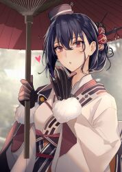 Rule 34 | 1girl, black gloves, black hair, blowing kiss, blurry, blurry background, brown eyes, commentary request, gloves, gradient kimono, hair between eyes, hair bun, hair ornament, hair stick, hands up, hat, heart, highres, holding, holding umbrella, japanese clothes, kantai collection, kasumi (skchkko), kimono, looking at viewer, mini hat, nagato (kancolle), obi, obiage, official alternate costume, official alternate hairstyle, oil-paper umbrella, outdoors, pom pom (clothes), sash, solo, umbrella, upper body, white kimono