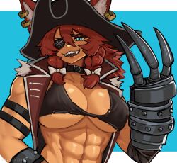 Rule 34 | 1girl, abs, animal ears, blue eyes, breasts, choker, claw (weapon), collar, earrings, eyepatch, ezzydraws, hair ribbon, hat, highres, jewelry, large breasts, muscular, muscular female, original, pirate, pirate hat, red hair, ribbon, sharp teeth, sleeveless, solo, tan, teeth, underboob, weapon