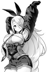 Rule 34 | 1girl, absurdly long hair, anchor symbol, armpits, arms up, azur lane, black sleeves, blush, breasts, crop top, eyes visible through hair, greyscale, hair over one eye, hairband, high-waist skirt, highres, hori (hori no su), iron blood (emblem), large breasts, long hair, looking at viewer, mole, mole under eye, monochrome, necktie, one eye closed, parted bangs, prinz heinrich (azur lane), ribbed shirt, shirt, simple background, skirt, smile, solo, underboob, very long hair, white background