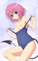 Rule 34 | 10s, 1girl, breasts, clothes pull, colorized, highres, momo velia deviluke, nipples, one-piece swimsuit, one-piece swimsuit pull, pink hair, purple eyes, school swimsuit, short hair, small breasts, solo, swimsuit, tail, to love-ru, to love-ru darkness