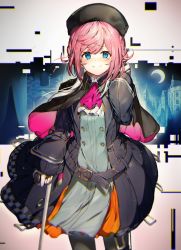Rule 34 | 1girl, ascot, belt, black capelet, black coat, black hat, black pantyhose, blue eyes, blush, braid, cane, capelet, closed mouth, coat, cover, cover image, cover page, crescent moon, crown braid, enj!, female focus, gloves, hat, highres, holding, long sleeves, looking at viewer, mole, mole under eye, moon, night, nose blush, novel cover, novel illustration, official art, pantyhose, pink hair, shinitagari no seijo ni shiawase na shuumatsu wo., solo, textless version, white gloves, wind