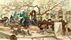 Rule 34 | 1girl, arknights, bitey (arknights), black hair, calligraphy brush, chinese commentary, commentary request, cup, drawing, dusk, dusk (arknights), eating, food, highres, horns, kneeling, long hair, official art, paintbrush, pointy ears, red eyes, tail, teacup, teapot, tree, zongzi