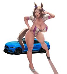 Rule 34 | 1girl, aged up, animal ears, bow, breasts, brown hair, car, cleavage, collarbone, ear bow, eu03, ford mustang, ford mustang s550, full body, highleg, highleg swimsuit, highres, horse ears, horse girl, horse tail, huge breasts, long hair, looking at viewer, mature female, motor vehicle, multicolored hair, one-piece swimsuit, one eye closed, open mouth, purple bow, purple eyes, short sleeves, shrug (clothing), smile, special week (umamusume), swimsuit, tail, thighs, two-tone hair, umamusume, v, veins, veiny breasts, white background, white hair
