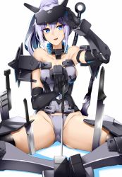 Rule 34 | 1girl, alternate color, arm up, bare shoulders, black gloves, black thighhighs, breasts, collarbone, commentary request, detached collar, doko tetora, elbow gloves, frame arms girl, gloves, grey panties, headgear, highres, jinrai (frame arms girl), knife, light purple hair, long hair, looking at viewer, mecha musume, medium breasts, no eyepatch, open mouth, panties, ponytail, shiny skin, simple background, sitting, solo, sweatdrop, thighhighs, underwear, very long hair, weapon, white background