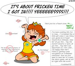 Rule 34 | 1girl, arms up, breasts, brown hair, closed eyes, crown, earrings, flower earrings, gem, hands up, happy, jewelry, kneeling, mario (series), nintendo, open mouth, princess daisy, shirt, shorts, smile, solo, super mario land, super smash bros., yellow shirt